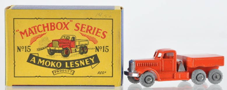 Matchbox No. 15 Prime Mover Die-Cast Vehicle with: Orange Body with Metal Wheels, No Windows, B Moko Box, A Lesney Product, Made in England