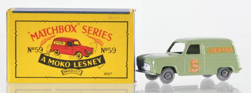 Matchbox No. 59 Ford "Singer" Van Die-Cast Vehicle with: Mint Green Body with GPW, No Windows, Singer Decals, B Moko Box, A Lesney Product, Made in England