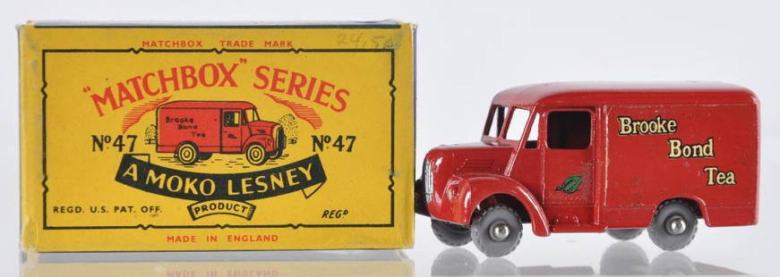 Matchbox No. 47 Trojan Die-Cast Vehicle with Original: Red Body with GPW, No Windows, and Brooke Bond Tea Decals, B Moko Box, A Lesney Product, Made in England