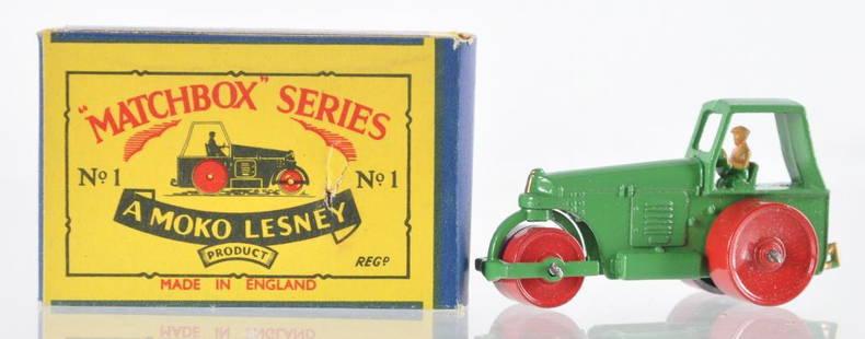 Matchbox No 1 Road Roller Die-Cast Vehicle with: Green Body with Red Wheels and Tan Driver, B Moko Box, A Lesney Product, Made in England