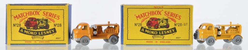 Group of 2 Matchbox No. 28 Compressor Lorry Die-Cast: One has Yellow Body the Other has Tan/Yellow Body, B Boxes, A Lesney Product, Made in England