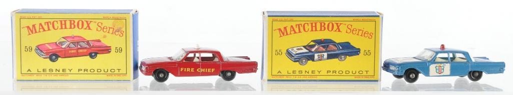 Group of 2 Matchbox Die-Cast Vehicles with Original: Includes No. 55 Police Patrol Car and No. 59 Fire Chief's Car. D Boxes, A Lesney Product, Made in England