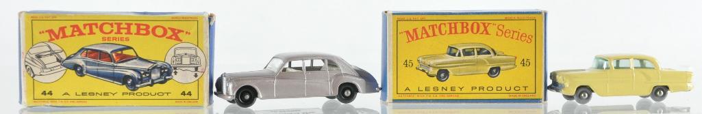 Group of 2 Matchbox Die-Cast Vehicles with Original: Includes No. 44 Rolls Royce Phantom V with Light Purple Body BRW and White Interior, and No. 45 Vauxhall Victor with Yellow Body, Blue/Green Windows, and GPW. D and C Boxes, A Lesney Product, Made in