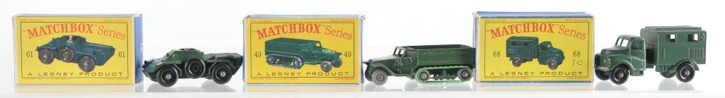 Group of 3 Matchbox Die-Cast Vehicles with Original: Includes No. 61 Army Scout Car, No. 49 Army Half Track Mark III, and No. 68 Army Wireless Truck. D Boxes A Lesney Product, Made in England