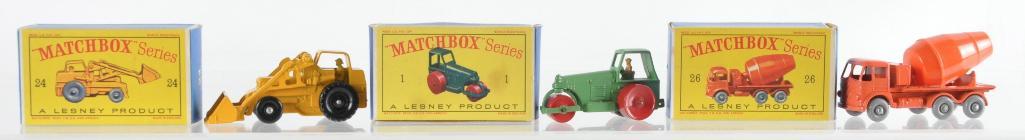 Group of 3 Matchbox Die-Cast Vehicles with Original: Includes No 26 Cement Lorry, No. 1 Diesel Road Roller, and No. 24 Hydraulic Excavator. D Boxes, A Lesney Product, Made in England