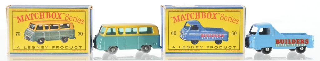 Group of 2 Matchbox Die-Cast Vehicles with Original: Includes No. 70 Thames Estate Car with Teal and Yellow Body, SPW, and Green/Blue Windows, and No. 60 Morris J2 Pick-Up with Blue Body and BRW. D Boxes, A Lesney Product, Made in England