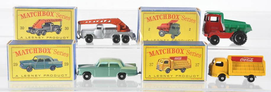 Group of 4 Matchbox Die-Cast Vehicles with Original: Includes No. 37 Coca-Cola Lorry, No. 2 Muir Hill Dumper, No. 30 6-Wheel Crane Truck, and No 29 Austin A55 Cambridge with Teal and Mint Green Body, BRW, and Green/Blue Windows. D Boxes, A Lesney