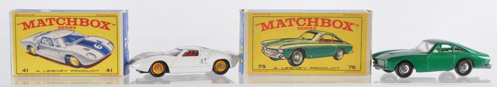 Group of 2 Matchbox Die-Cast Vehicles with Original: Includes No 75 Ferrari Berlinetta with Green Body, Disc Wheels, and White Interior, and No. 41 Ford G.T. Racing Car with Whtie Body, Yellow Hubs, and Red Interior. E Boxes, A Lesney Product, Made in E