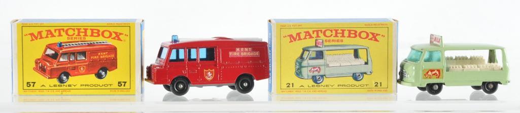 Group of 2 Matchbox Die-Cast Vehicles with Original: Includes No. 21 Milk Delivery Truck and No 57 Land Rover Fire Truck, E Boxes, A Lesney Product, Made in England