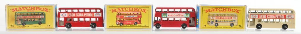 Group of 3 Matchbox Die-Cast Vehicles with Original: Includes 2 No. 74 Daimler Buses in Red and Cream and No. 5 London Bus with Red Body, E Boxes, A Lesney Product, Made in England