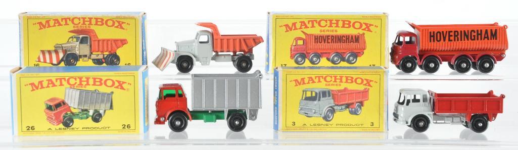 Group of 4 Matchbox Die-Cast Vehicles with Original: Includes No 16 Scammell "Mountaineer" Snow plough, No. 17 8-Wheel Tipper, No. 3 Bedford Tipper Truck, and No. 26 GMC Tipper Truck. E Boxes, A Lesney Product, Made in England