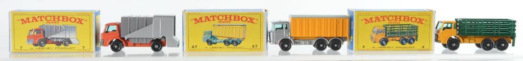 Group of 3 Matchbox Die-Cast Vehicles with Original: Includes No. 7 Ford Refuse Truck, No. 4 Stake Truck, and No 47 DAF Tipper Container Truck, E Boxes, A Lesney Product, Made in England