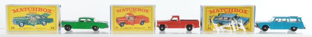 Group of 3 Matchbox Die-Cast Vehicles with Original: Includes No. 46 Mercedes 300 SE Coupe, No. 71 Jeep Pick-Up Truck, and No. 42 Studebaker Station Wagon, E Boxes, A Lesney Product, Made in England