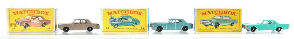 Group of 3 Matchbox Die-Cast Vehicles with Original: Includes No. 31 Lincoln Continental, No. 53 Ford Zodiac MK. IV, and No. 25 Ford Cortina, E Boxes, A Lesney Product, Made in England