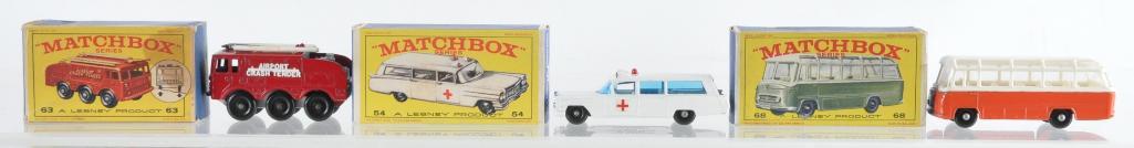 Group of 3 Matchbox Die-Cast Vehicles with Original: Includes No. 68 Mercedes Coach, No. 54 S & S Cadillac Ambulance, and No 63 Fire Fighting Crash Tender. E Boxes, A Lesney Product, Made in England