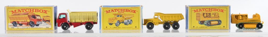 Group of 3 Matchbox Die-Cast Vehicles with Original: Includes No. 8 Caterpillar Tractor, No. 6 Euclid Quarry Truck, and No. 70 Grit Spreading Truck. E Boxes, A Lesney Product, Made in England
