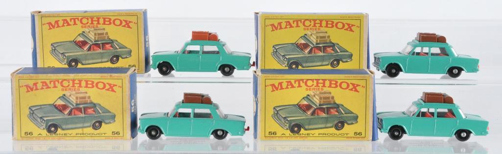 Group of 4 Matchbox Die-Cast Vehicles with Original: Includes 4 No. 56 Fiat 1500's with Teal Bodies, Red Interiors, and Brown Luggage, E Boxes, A Lesney Product, Made in England