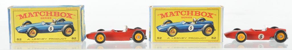 Group of 2 Matchbox No. 52 B.R.M Racing Car Die-Cast: Both have Red Bodies with White Drivers, E Boxes, A Lesney Product, Made in England