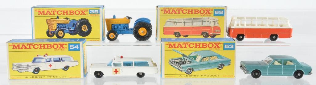 Group of 4 Matchbox Die-Cast Vehicles with Original: Includes No. 53 Ford Zodiac, No. 68 Mercedes Coach, No. 369 Ford Tractor, and No. 54 Cadillac Ambulance, F Boxes, A Lesney Product, Made in England