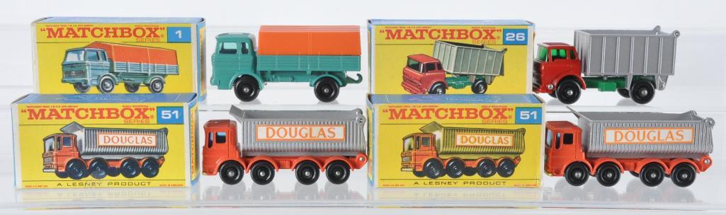 Group of 4 Matchbox Die-Cast Vehicles with Original: Includes 2 No. 51 8 Wheel Tippers, No. 26 GMC Tipper Truck, and No. 1 Mercedes Truck, F Boxes, A Lesney Product, Made in England
