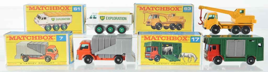 Group of 4 Matchbox Die-Cast Vehicles with Original: Includes No. 17 Horse Box, No. 63 Dodge Crane Truck, No. 61 BP Alvis Stalwart, and No. 7 Ford Refuse Truck, F Boxes, A Lesney Product, Made in England
