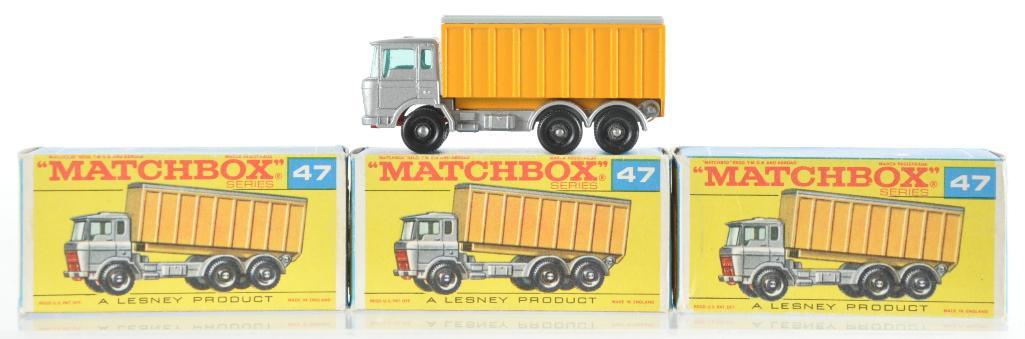 Group of 3 Matchbox Die-Cast Vehicles with Original: Includes 3 No. 47 DAF Tipper Container Trucks, F Boxes, A Lesney Product, Made in England