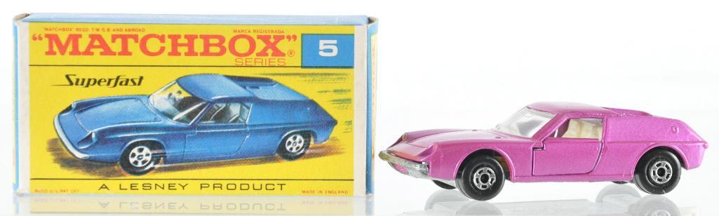 Matchbox Superfast No. 5 Lotus Europa Die-Cast Vehicle: Pink Body with Think Superfast Wheels, and White Interior, F Superfast Box, A Lesney Product, Made in England