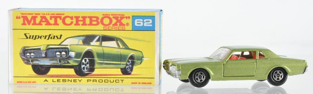 Matchbox Superfast No. 62 Mercury Cougar Die-Cast: Lime Green Body with Red Interior and Thin Superfast Wheels, F Superfast Box, A Lesney Product, Made in England