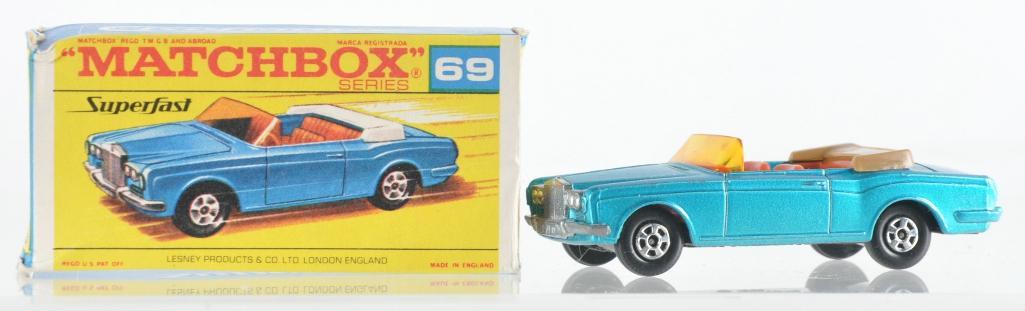 Matchbox Superfast No. 69 Rolls Royce Silver Shadow: Light Blue Body with Light Brown Interior, Thin Superfast Wheels, and Black Base, F Superfast Box, Some Box Flaws, A Lesney Product, Made in England