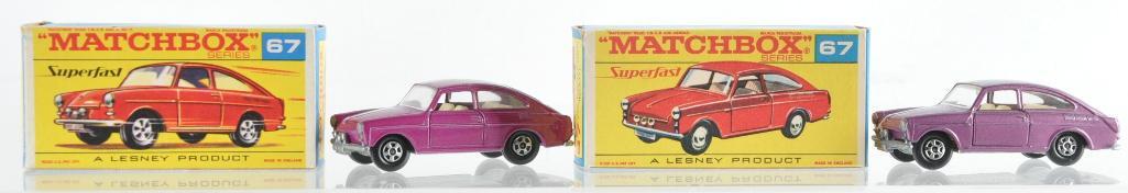 Group of 2 Matchbox Superfast No. 67 Volkswagen 1600TL: Includes 2 Different Shades of Purple, White Interiors, and Thin Superfast Wheels, Black and Red Lettering F Superfast Boxes, A Lesney Product, Made in England