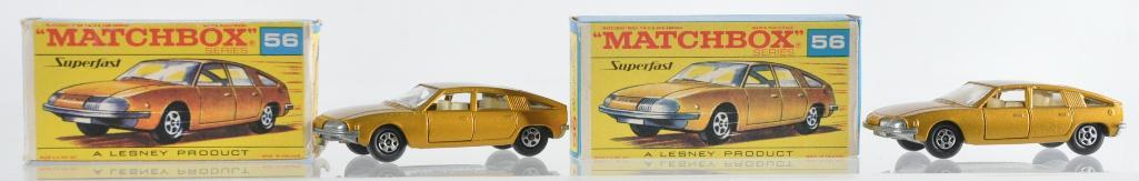 Group of 2 Matchbox Superfast No. 56 BMC 1800: Both have Gold Bodies with White Interiors and Thin Superfast Wheels, F Superfast Boxes, Some Box Flaws, A Lesney Product, Made in England