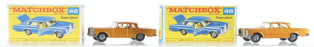 Group of 2 Matchbox Superfast No. 46 Mercedes 300 SE: Both have Gold Bodies with White Interiors and Thin Superfast Wheels, One has Factory error Interior Issues, F Superfast Boxes, A Lesney Product, Made in England
