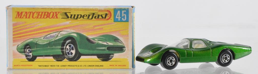 Matchbox Superfast No. 45 Ford Group 6 Die-Cast Vehicle: Unpainted Base, Green Body with #7 Decal, White Interior, G Box, A Lesney Product, Made in England