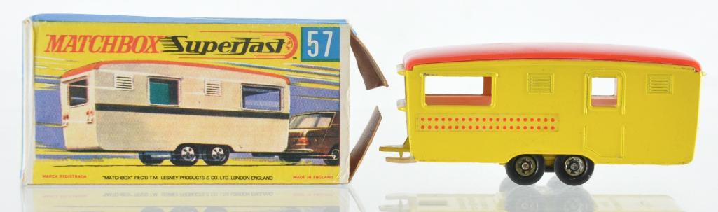 Matchbox Superfast No. 57 Trailer Caravan Die-Cast: Rare Hollow Wheels, Yellow Body with Polka dot Stripe, and Red Roof. G Box, Some Box Damage, A Lesney Product, Made in England