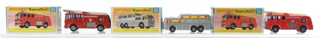 Group of 3 Matchbox Die-Cast Vehicles with Original: Includes 2 No 35 Merryweather Fire Engines and No. 66 Greyhound Coach, A Lesney Product, Made in England