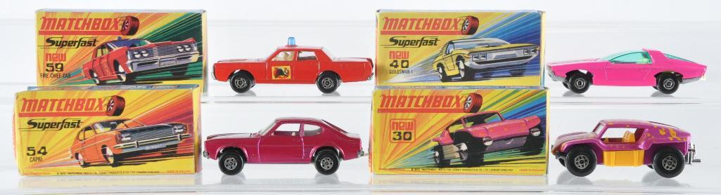 Group of 4 Matchbox Superfast Die-Cast Vehicles with: Includes No. 54 Capri, No. 40 Guildsman 1, No. 59 Mercury Fire Chief, and No. 30 Beach Buggy, H Boxes, A Lesney Product, Made in England