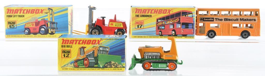 Group of 3 Matchbox Superfast Die-Cast Vehicles with: Includes No. 15 Fork Lift Truck, No/ 12 Big Bull, and No. 17 The Londoner, I Boxes, A Lesney Product, Made in England
