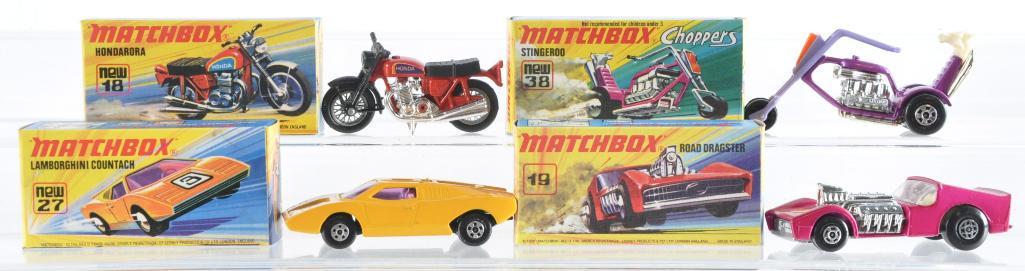 Group of 4 Matchbox Superfast Die-Cast Vehicles with: Includes No. 38 Stingerod, No. 19 Road Dragster, No. 18 Hondarora, and No. 27 Lamborghini Countach. I Boxes, A Lesney Product, Made in England