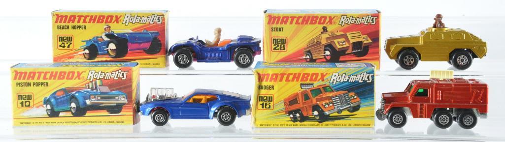 Group of 4 Matchbox Rola-Matics Die-Cast Vehicles with: Includes No. 28 Stoat, No. 16 Badger, No. 10 Piston Popper, and No. 47 Beach Hopper, I Boxes, A Lesney Product, Made in England