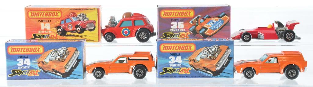 Group of 4 Matchbox Superfast Die-Cast Vehicles with: Includes 2 No. 34 Vantastic's, No. 36 Formula 5000 (with Texaco and Marlboro Decals) and No. 14 Mini Ha-Ha, J Boxes, A Lesney Product, Made in England