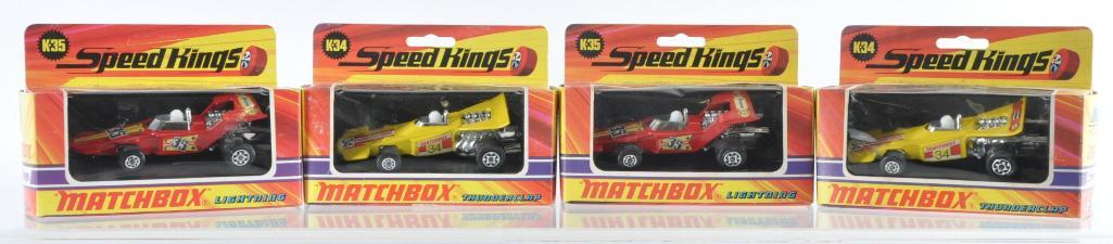 Group of 4 Matchbox Speed Kings Die-Cast Vehicles in: Includes 2 K-35 Lightnings and 2 K-34 Thunderclaps, A Lesney Product, Like New Condition