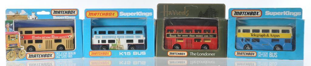 Group of 4 Matchbox Super Kings Die-Cast Buses in: Includes K-15 Bus (Berlin Bus, Chesterfield Parish Church, Harrods, and Telegraph & Argus) A Lesney Product, Like New Condition