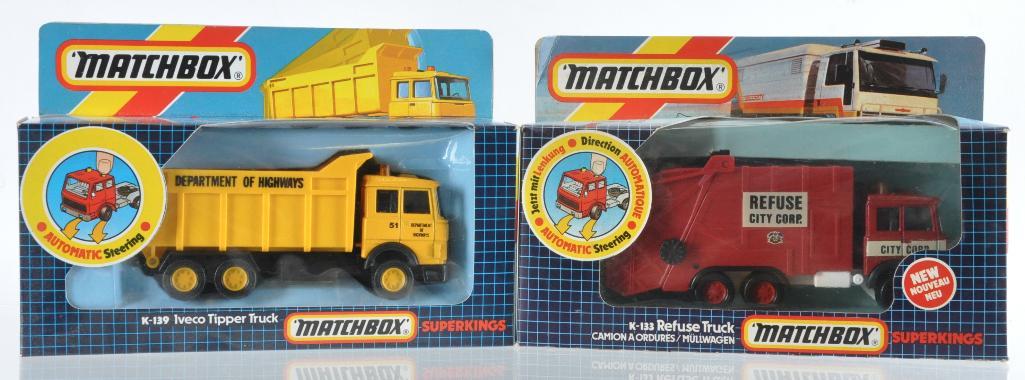 Group of 2 Matchbox Super Kings Die-Cast Vehicles in: Includes K-139 Iveco Tipper Truck and K-133 Refuse Truck, A Lesney Product, Like New Condition