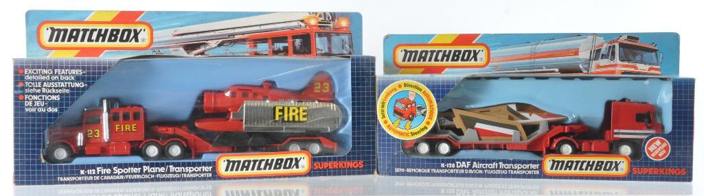 Group of 2 Matchbox Super Kings Die-Cast Vehicles in: Includes K-112 Fire Spotter Plane/Transporter and K-128 DAF Aircraft Transporter, A Lesney Product, Like New Condition
