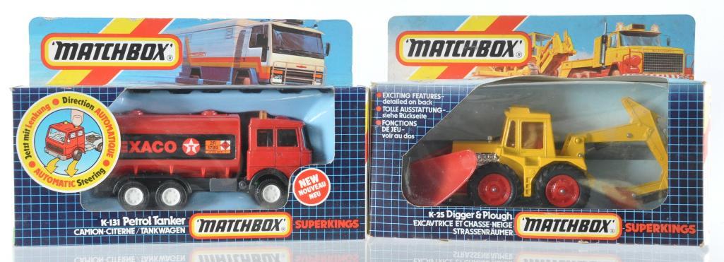 Group of 2 Matchbox Super Kings Die-Cast Vehicles in: Includes K-25 Digger and Plough and K-131 Texaco Petrol Tanker, A Lesney Product, Like New Condition