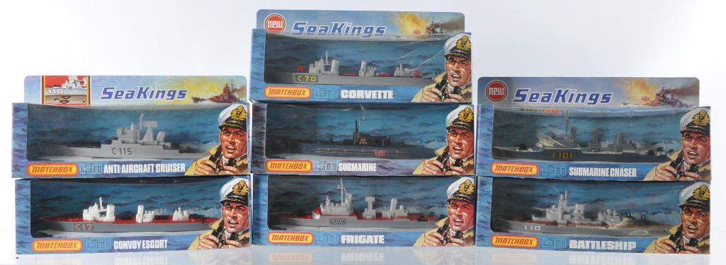 Group of 7 Matchbox Sea Kings Die-Cast Naval Ships in: Includes K-305 Submarine Chaser, K-303 Battleship, K-301 Frigate, K-309 Submarine, K-302 Corvette, K-306 Convoy Escort, and K-310 Anti-Aircraft Cruiser, A Lesney Product, Made in England, Like New Con