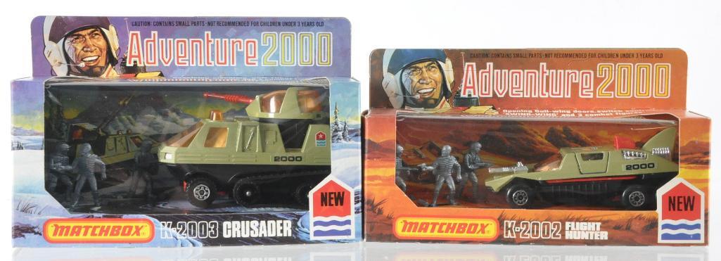 Group of 2 Matchbox Adventure 2000 Die-Cast Vehicles in: Includes K-2002 Flight Hunter and K-2003 Crusader, A Lesney Product, Made in England, Like New Condition