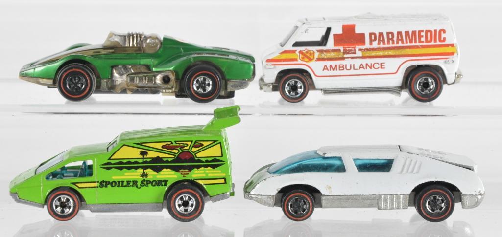Group of 4 Hot Wheels Redlines Die-Cast Vehicles: Includes Crew Car, Spoiler Sport, Paramedic Ambulance, and Up Roar Sizzler, Mattel