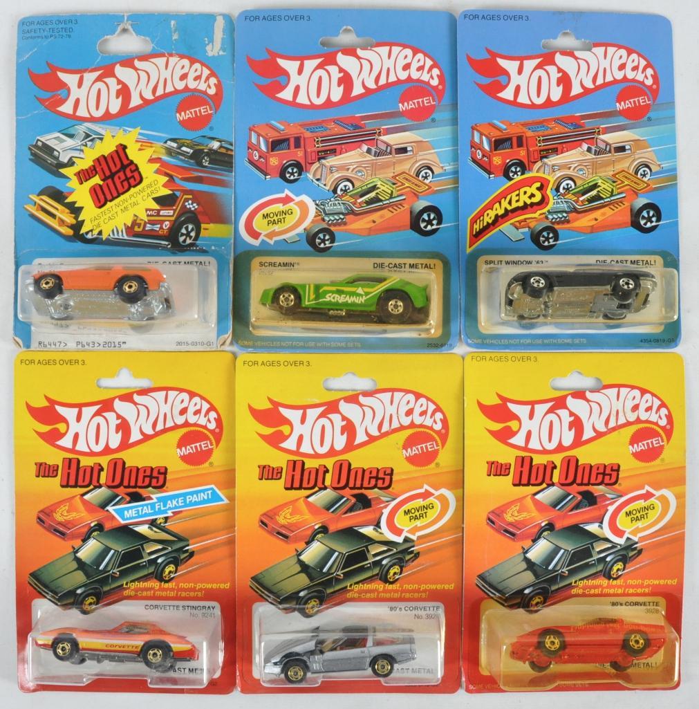 Group of 6 Hot Wheels Die-Cast Vehicles in Original: Includes 80's Corvette, Corvette Stingray, Split Window '63, Screamin', and Packin Pacer. New in Original Packaging