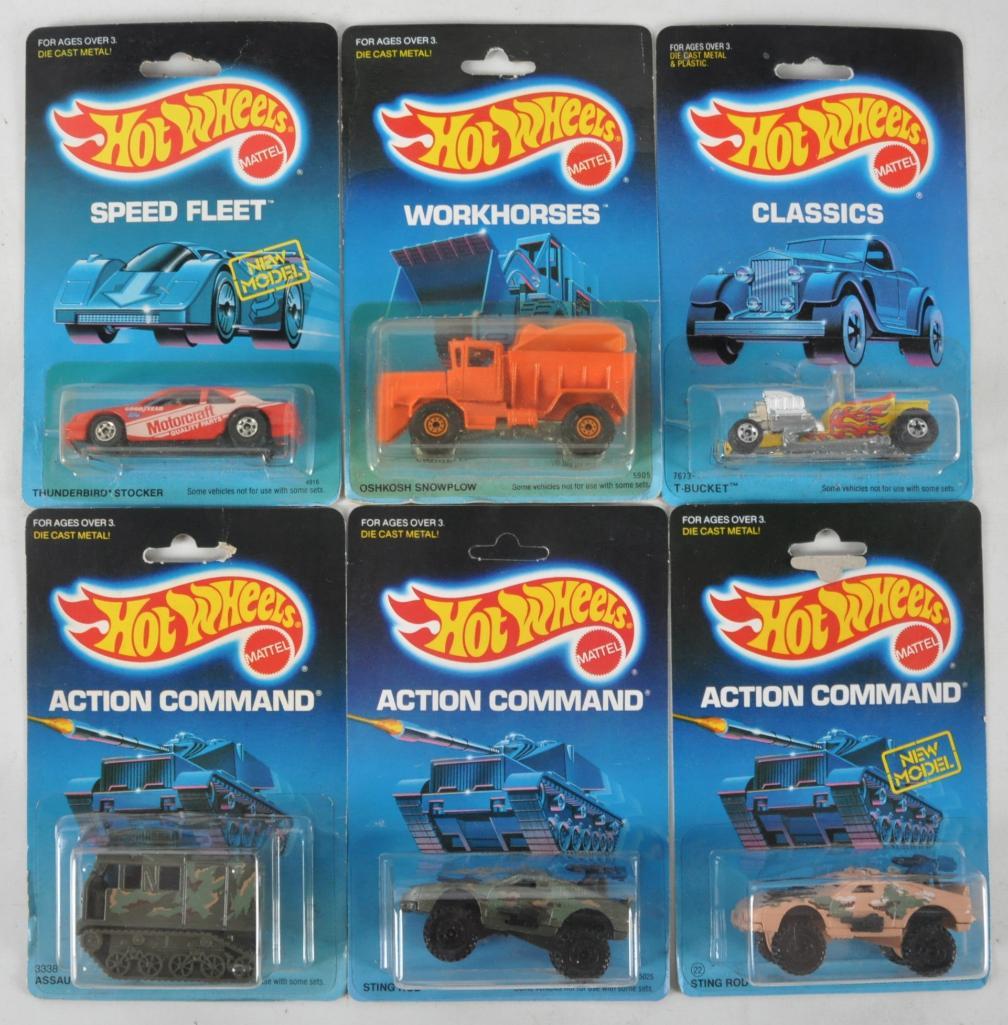 Group of 6 Hot Wheels Die-Cast Vehicles in Original: Includes Action Command Sting Rod, Assault Crawler, Workhorses Oshkosh Snowplow, Speed Fleet Thunderbird Stocker, and Classics T-Bucket. New in Original Packaging